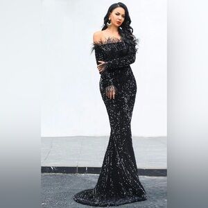 Black Sequins Feathers Formal Prom Military Gown Women Sz L Off The Shoulders